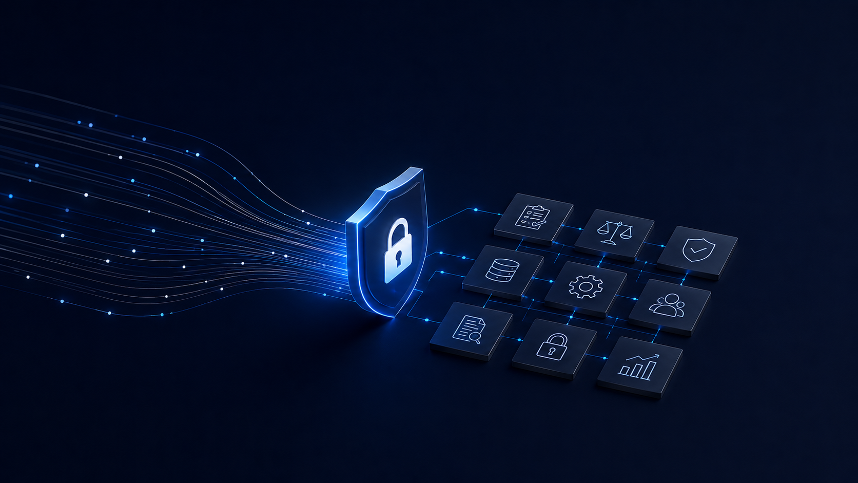 Dunkles Cover mit einem leuchtenden Schild und geordneten Datenflüssen – sinnbildlich für KI-Governance und den EU AI Act beim CoPilot-Einsatz.