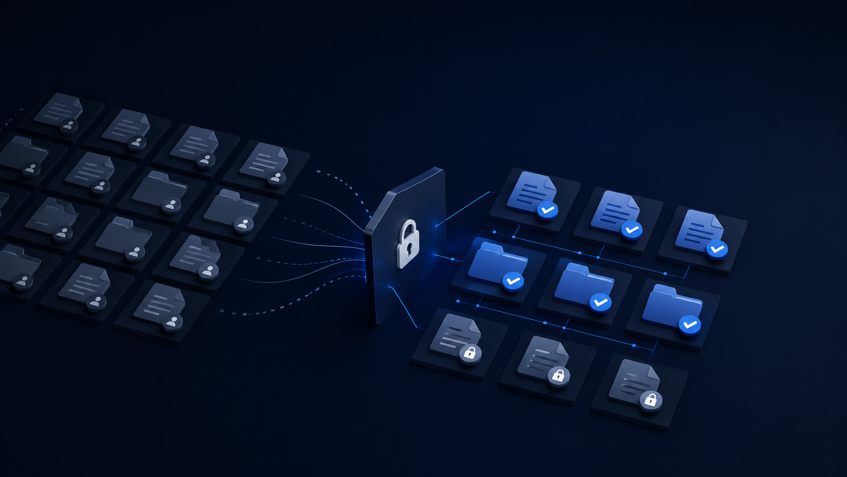 Alt-Text fürs Admin-Feld („Alt-Text (Barrierefreiheit)"): „Dunkles, isometrisches Raster aus geordneten Dokument-Kacheln mit Schloss- und Häkchen-Symbolen – sinnbildlich für geprüfte SharePoint-Berechtigungen vor dem CoPilot-Rollout."